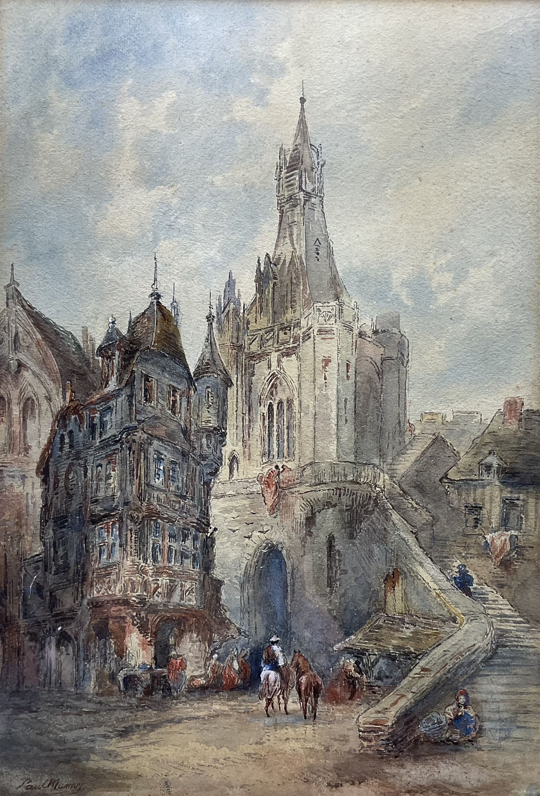 Paul Marny (French/British 1829-1914): Steps in a French Town Square, watercolour signed 48cm x 22cm 
Provenance: in the same family ownership for three generations
