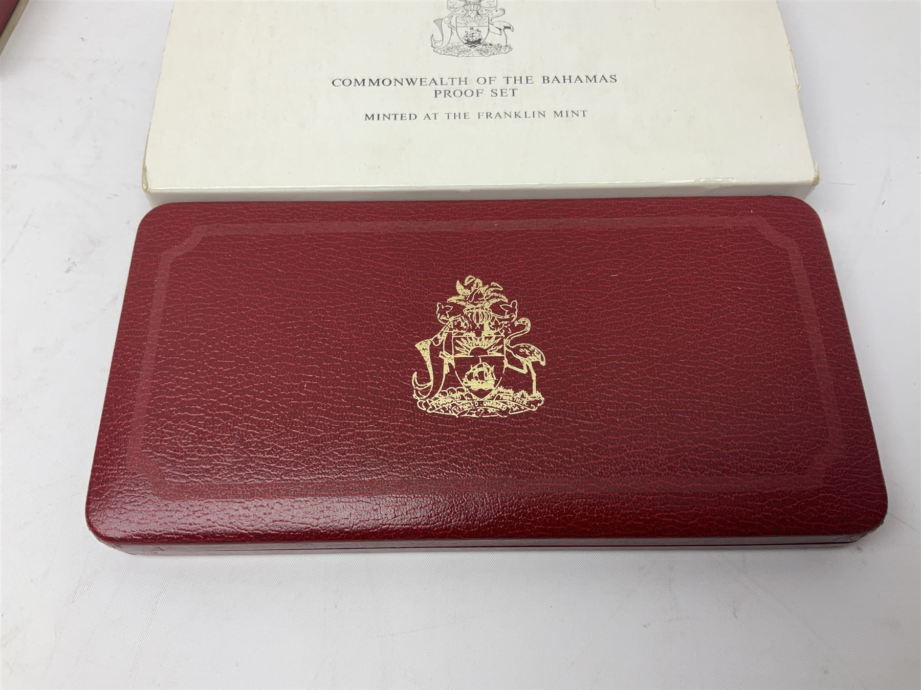 Six Commonwealth of the Bahamas Islands nine coin sets, dated 1972, 1973, 1974, 1975, 1976 and 1979, all minted at the Franklin Mint and containing high denomination silver coins, all cased, and a Bahamas Anniversary 1978 two coin set comprised of two silver proof ten dollar coins, cased 