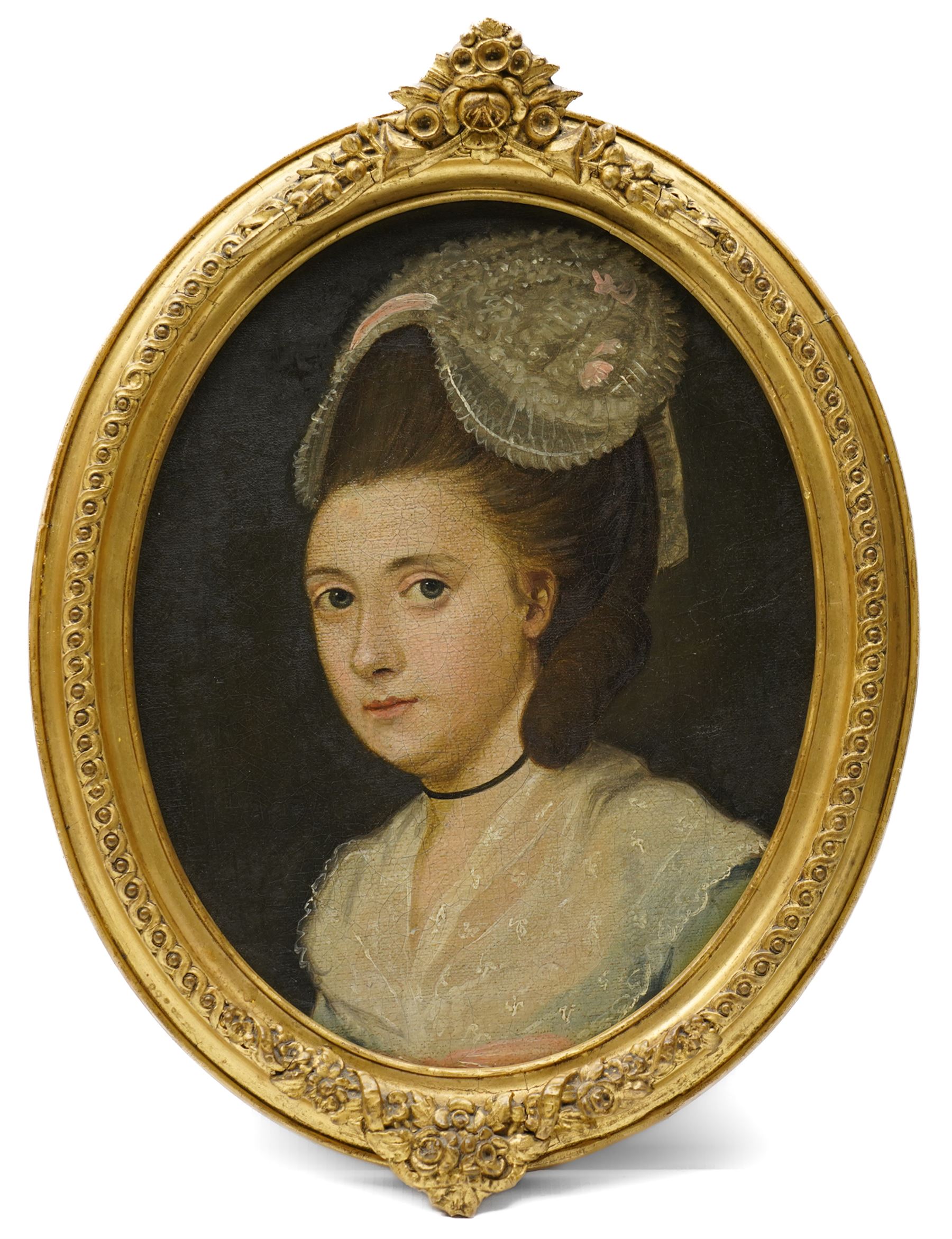 English School (Late 18th century): Portrait of Benjamin Mather (1753-1821) and his Wife Sarah Perry (1755-1788), pair oval oils on canvas laid onto board with family history verso , together with the original bodice worn by Perry in the painting, and her associated 9ct gold and black enamel 'Regard' mourning ring, with plaited hair shank, 25cm x 19cm (2)

Notes: The sitters belong to the extended Mather family of Lancashire, a lineage of considerable historical significance on both sides of the Atlantic. The family traces back to Richard Mather (1596-1669), a prominent Puritan minister who emigrated from England to New England in 1635, becoming a founding figure in early colonial Massachusetts. His descendants in America included his son Increase Mather (1639-1723), President of Harvard College, and his grandson Cotton Mather (1663-1728), one of the most influential theologians and writers of early American history.

The present sitters descend from a parallel English branch of the same family. Benjamin Mather married Sarah Perry in London in 1776. Sarah Perry died in 1788 aged 33 and was buried at Wellingborough, Northamptonshire. This branch of the family remained in England, while their close relations established the prominent New England Mather dynasty.

The remainder of the extensive related family ephemera, including indentures and other documents dating from the 17th century onwards, will be offered for sale in our Maps, Antiquarian Books & Ephemera auction on 24th July.
