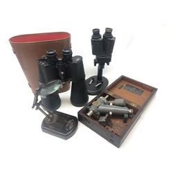  Pair King Double Coated 30 x 70 Binoculars, cased, reproduction magnifying glass on wooden base, Watts & Son ltd Surveyors instrument and a USSR microscope   