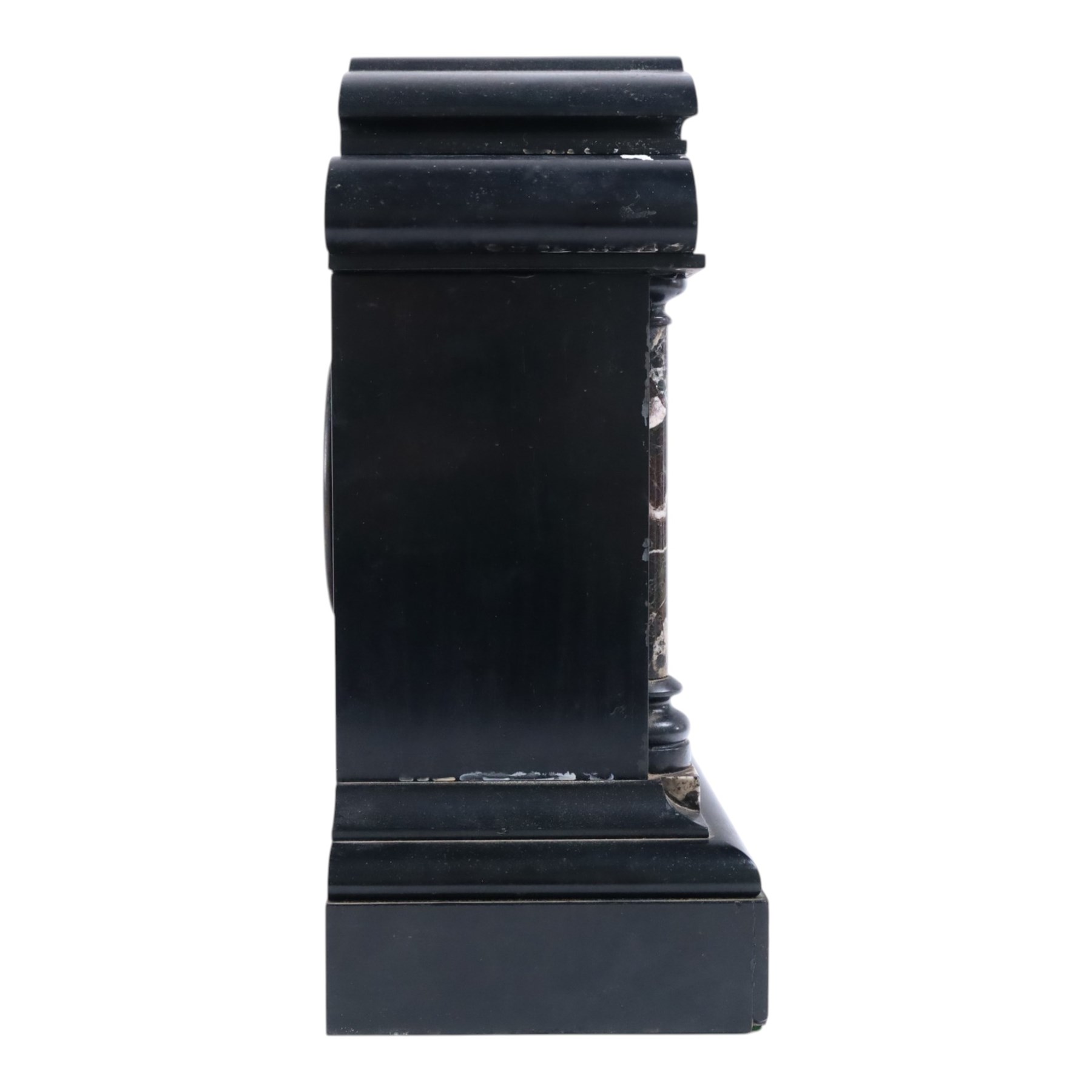 John Cundill Arundel of York eight-day marble-cased mantle clock, with black slate dial and gilt roman numerals, a shaped pediment and recessed marble pillars, H42cm