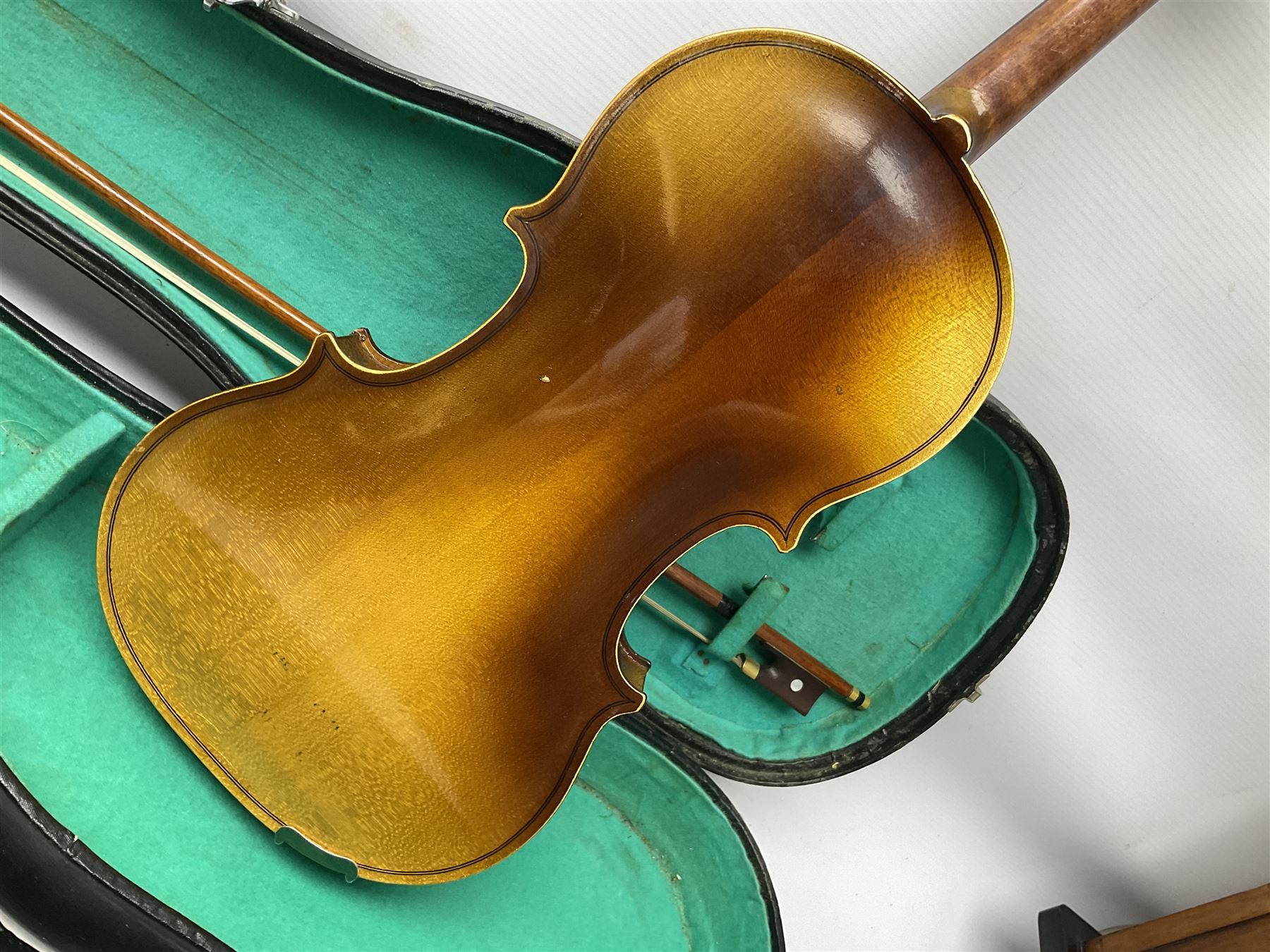 French violin for restoration with 36cm two-piece maple back and ribs and spruce top, bears label 'Lutherie Artistique M. Couturieux'; in wooden case; two modern three-quarter size violins in cases; and five violins for spares or repair