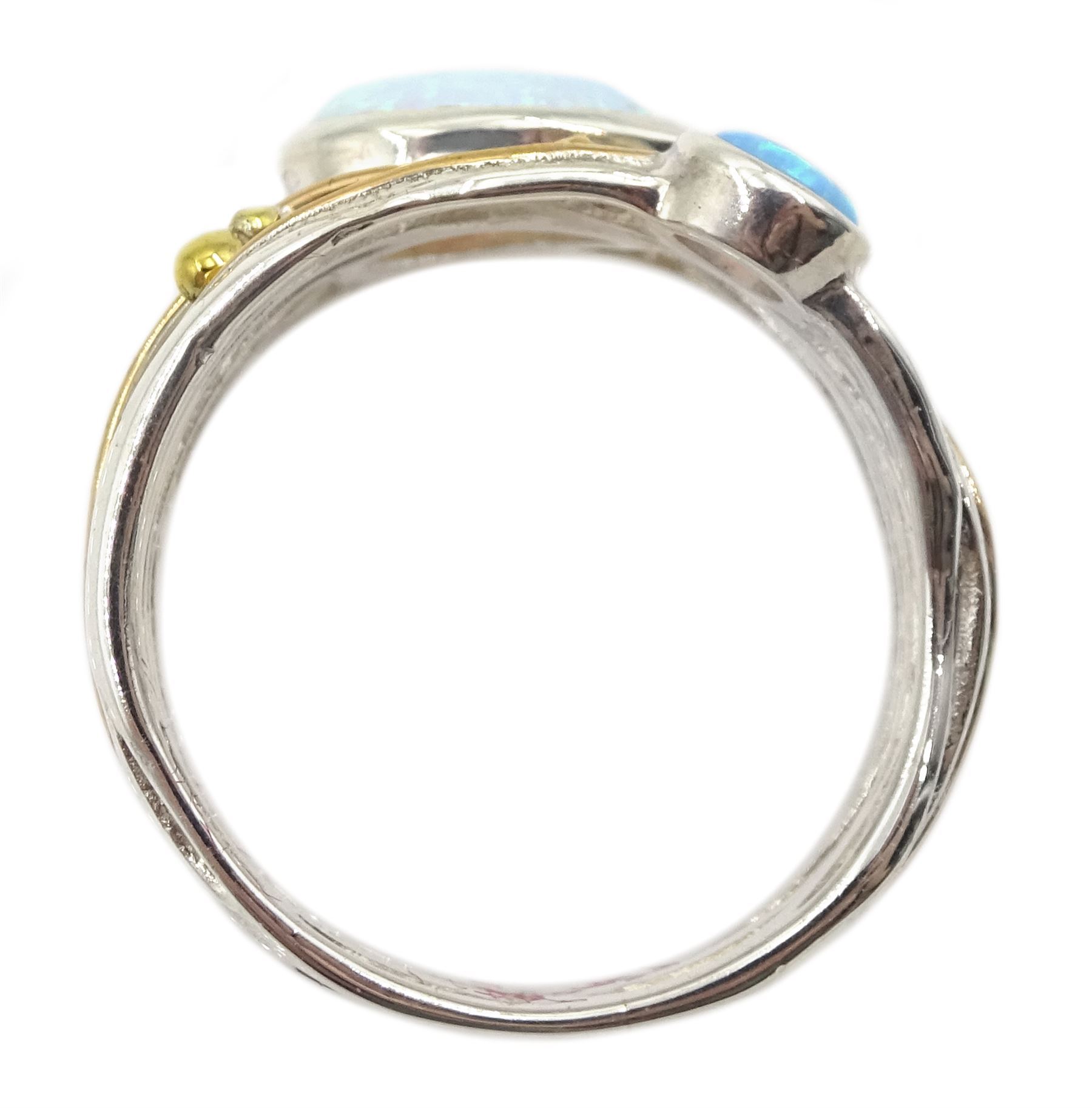 Silver 14ct gold wire round and pear shaped opal openwork ring, stamped 925 