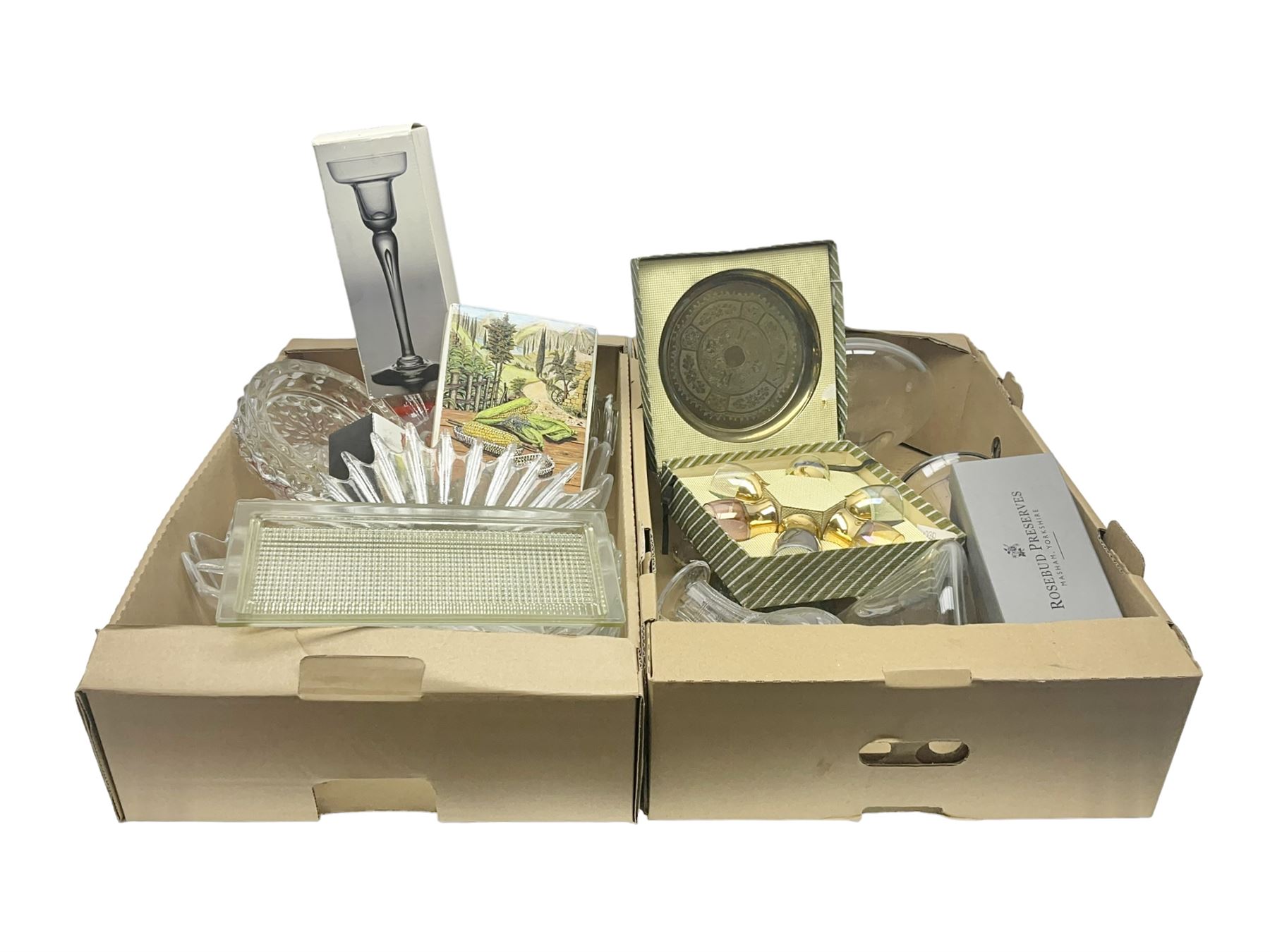 Dartington Crystal glass flower bowl, together with four similar smaller examples, two Orrefors glass bowls, collection of glass decanters, including Dartington and painted example, etc