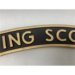 Cast iron Flying Scotsman arched railway type sign, L70cm