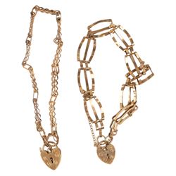 Two 9ct gold gate bracelets with heart padlock clasps, both hallmarked