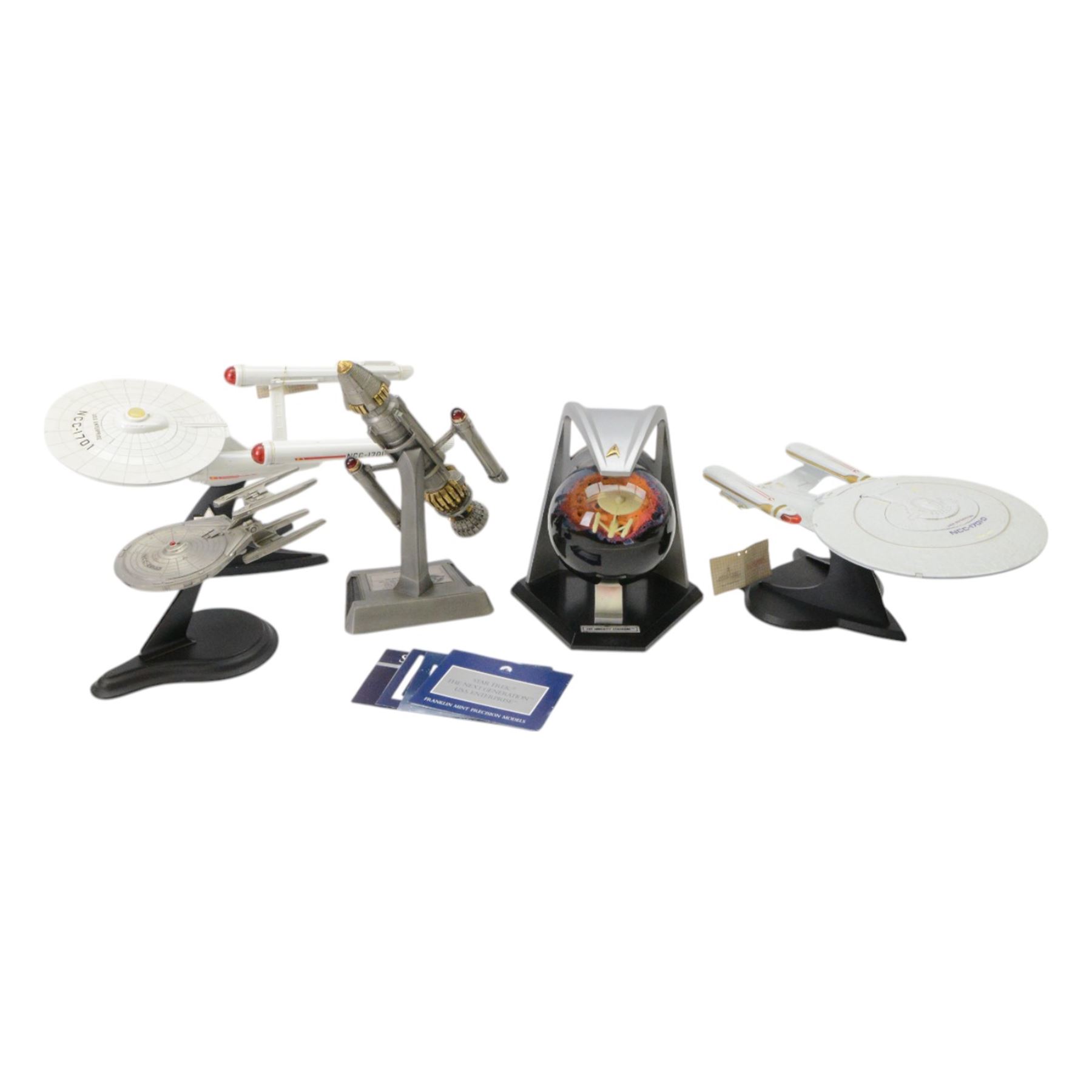 Five Star Trek models, comprising John Eaves signature edition 'Zefram Cochrane's Phoenix', Star Trek Galaxy Globe 'The Immunity Syndrome', Franklin Mint 'Stargazer', Paramount Pictures USS Enterprise and a 25th Anniversary USS Enterprise, with certificates of authenticity