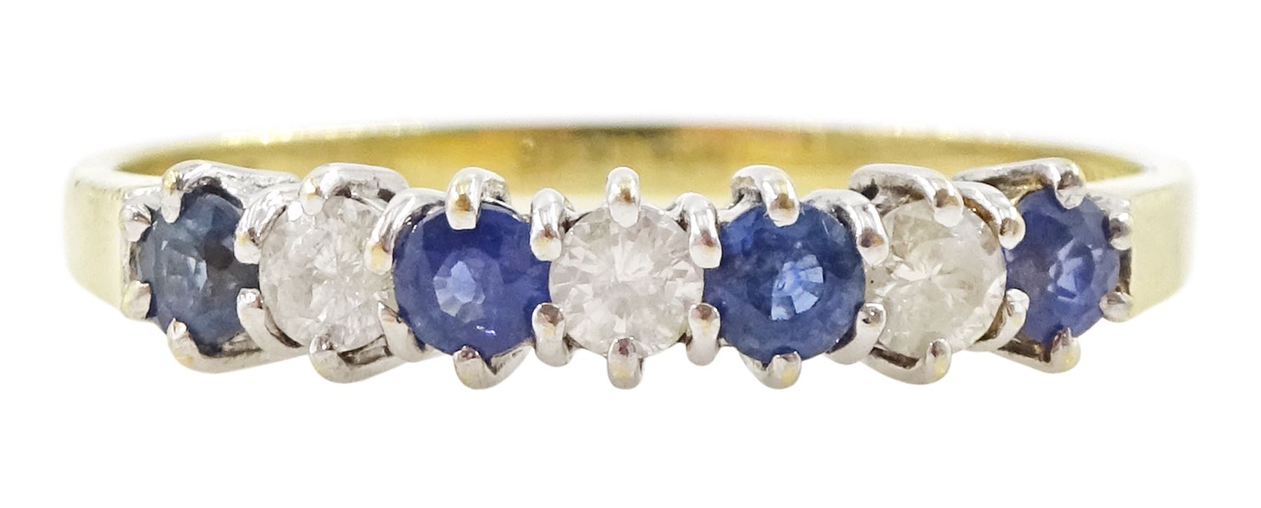 18ct gold seven stone round brilliant cut diamond and sapphire ring, hallmarked, total diamond weight 0.20 carat