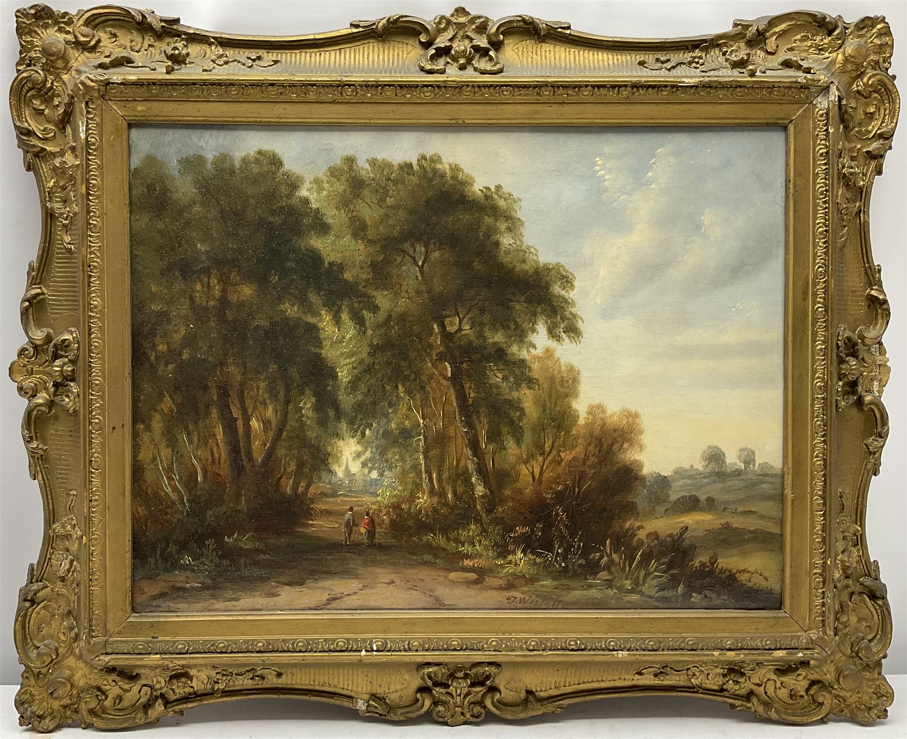 John Westall (British fl.1873-1893): Figures on Wooded Tracks, pair of oils on canvas one signed 29cm x 39cm (2)