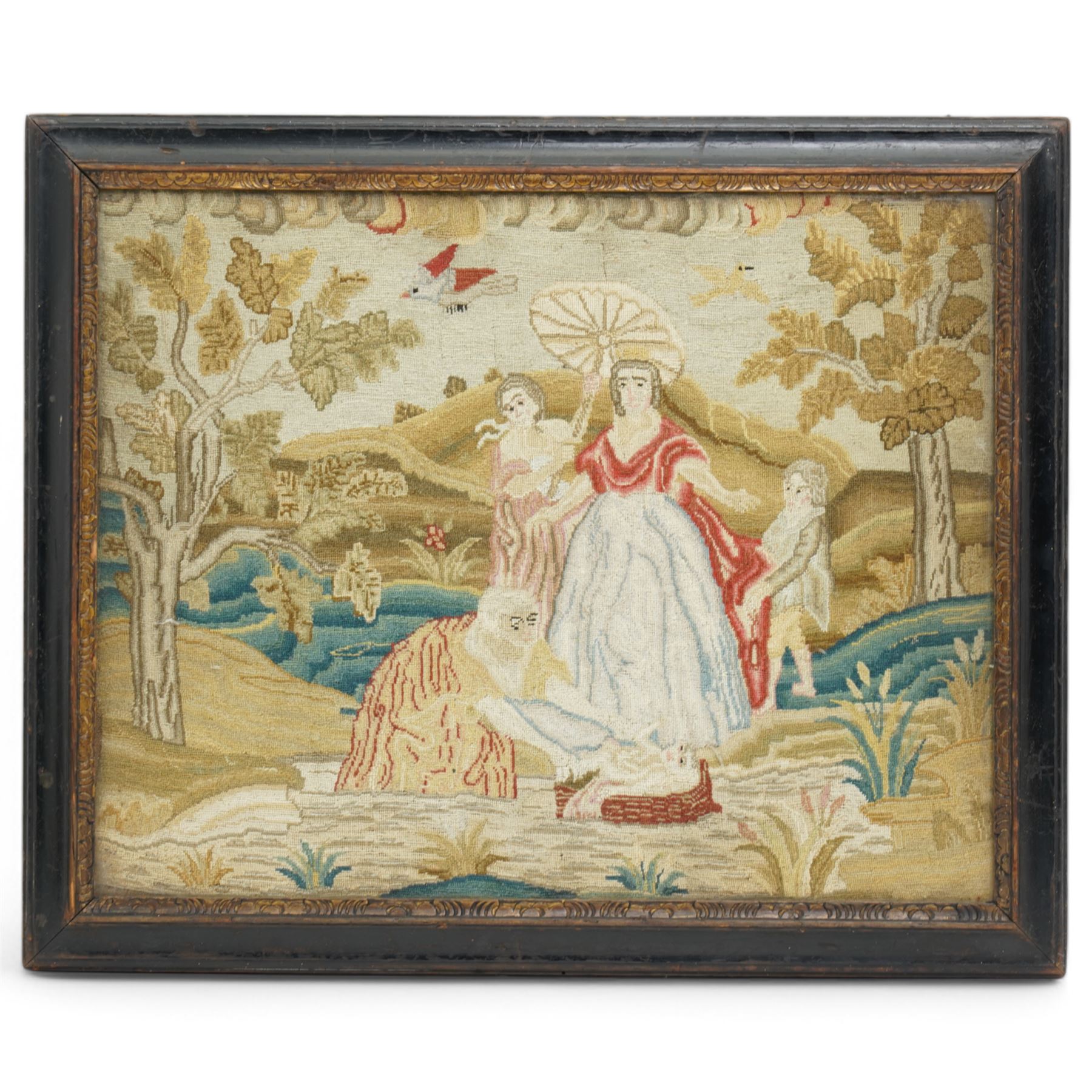 Victorian wool work picture, depicting a biblical scene of Moses in the bull rushes, faintly inscribed and dated 1866 verso, 38cm x 47cm 
