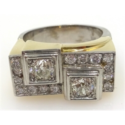  18ct white and yellow gold diamond geometric ring, set with two old cut diamonds of approx 1 carat, hallmarked  