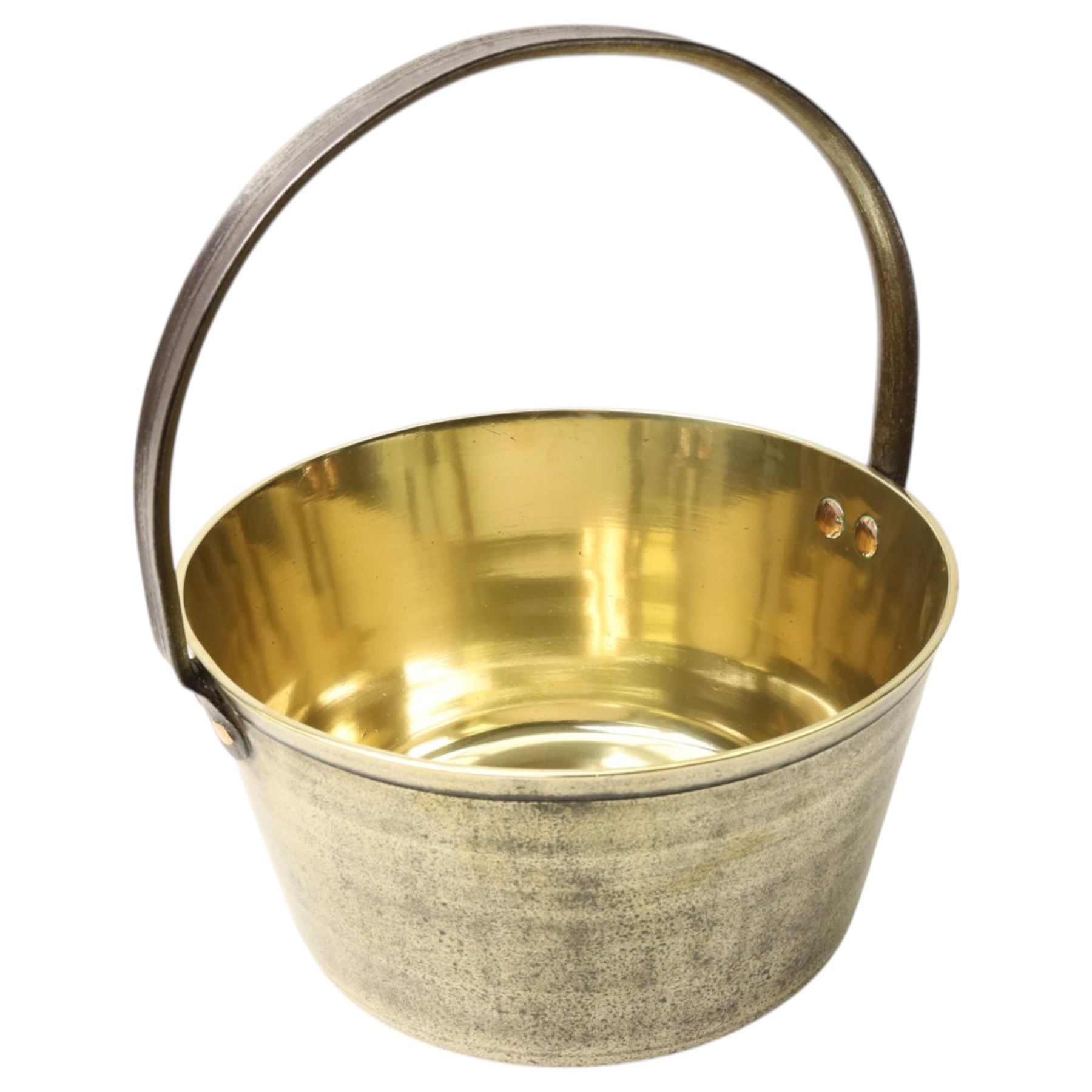 Brass preserve pan with loop handle D29cm and canteen of chromium plated cutlery