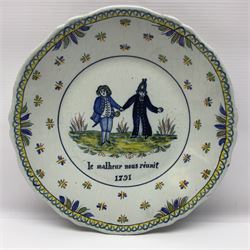 Four French Faience plates, comprising Je suis las de le porter, Le malheur nous reunit, Je desire y arriver and Eveque de Meaux, D24cm  