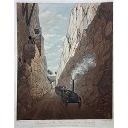 Henry Pyall and S G Hughes after Thomas Talbot Bury (British 1811-1877): Views on the Liverpool and Manchester Railway, twelve aquatints (two doubled up) with hand colouring pub. Ackermann c.1831-1833, 20cm x 25cm (12) (unframed)
Notes: Plates consist of: '[1] The Tunnel' (x2) (both 1831 and 1833 editions), '[2] Entrance of the Railway at Edge Hill Liverpool', '[3] Excavation of Olive Mount four miles from Liverpool', '[6] Entrance into Manchester across Water Street', '[8] Railway Office Liverpool', '[9] Warehouses at the end of the Tunnel towards Wapping' (x2) (both 1831 and 1833 editions), '[10] Moorish Arch looking from the Tunnel' '[11] Near Liverpool looking towards Manchester', '[12] Rainhill Bridge', '[13] Taking in Water at Parkside'.