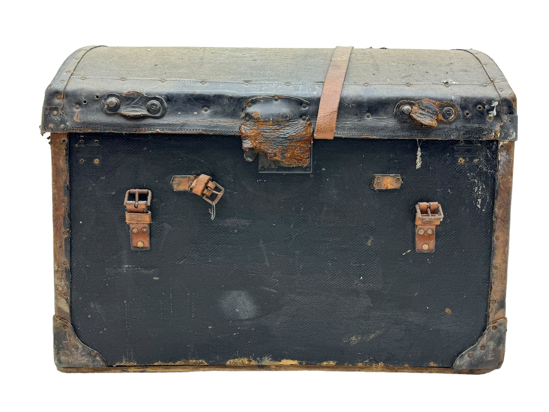 Early 20th century travel trunk, domed top with leather straps and metal rivet detailing, wooden frame with black canvas covering, interior lined with striped fabric, manufacturers mark to the inside 