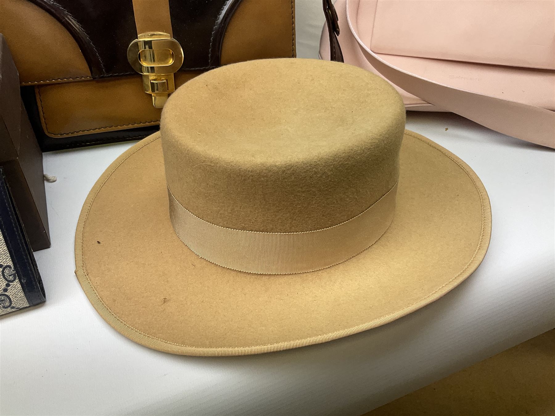 Ladies Assorted Formal and Occasion Hats, including Philip Somerville hat, Harrods fur hat, Philip Somerville boater hat etc, together with a boxed pair of Church's shoes