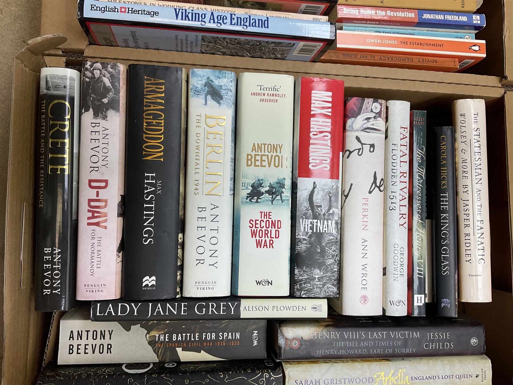 Collection of various history books to include world wars, tudors, vikings, anglo saxons and a number of political books, three boxes  