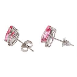 Pair of 18ct white gold pear cut pink tourmaline and diamond chip stud earrings, hallmarked