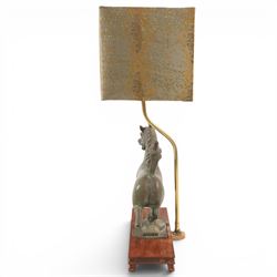 Table lamp, with bronze Tang horse upon the wooden base, H56cm with shade 