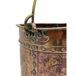 19th century riveted copper and brass mounted coal bucket of cylindrical form 
