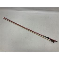 Zest full size pink violin, with a solid wood body and maple head, with matching pink bow and two further bows, in a hard case Length 60cm