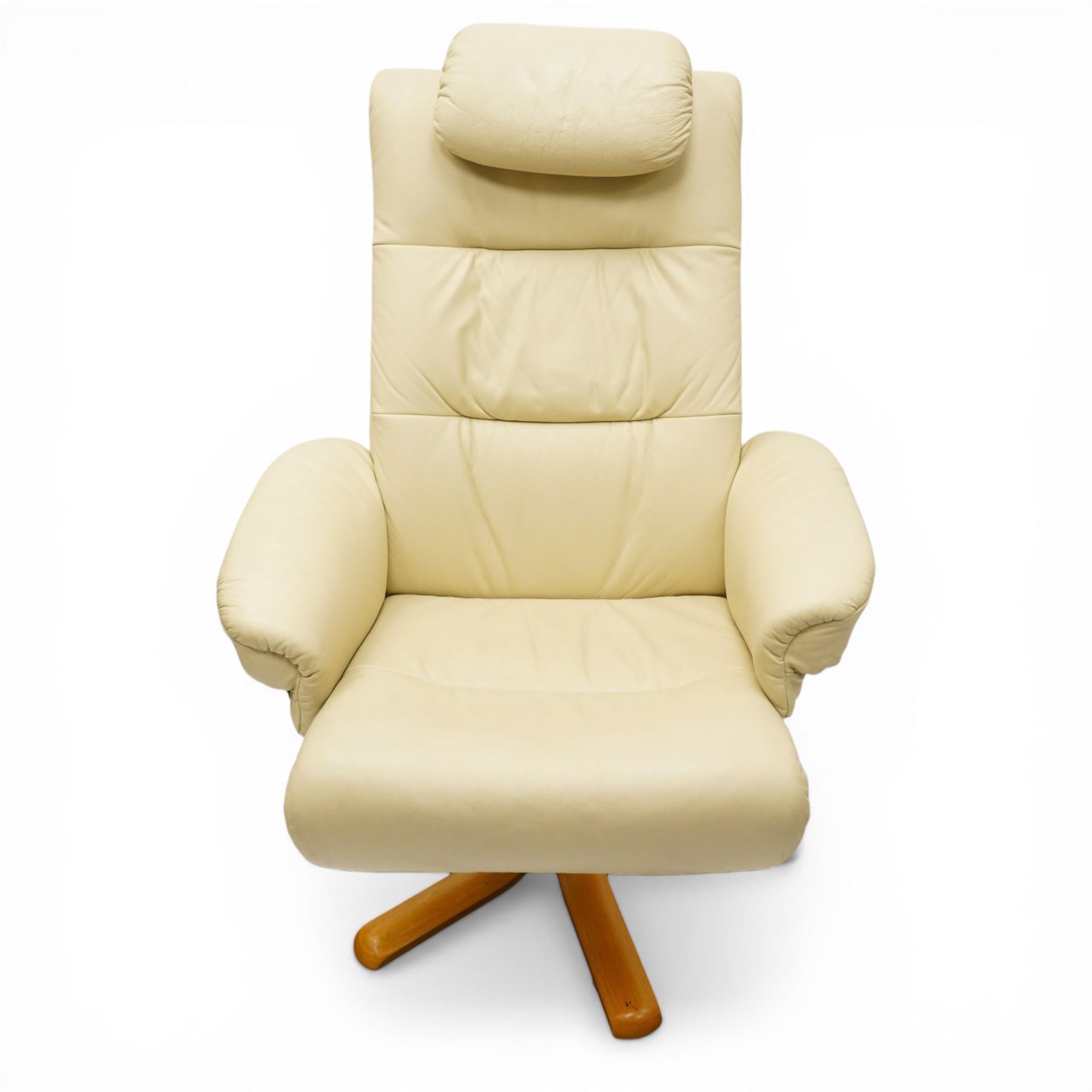 Modern cream leather swivel recliner, with cable operated switch to recline, raised on light bentwood frame