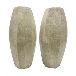 Pair of cream fossilised coral mosaic vases, of hexagonal form, H46cm