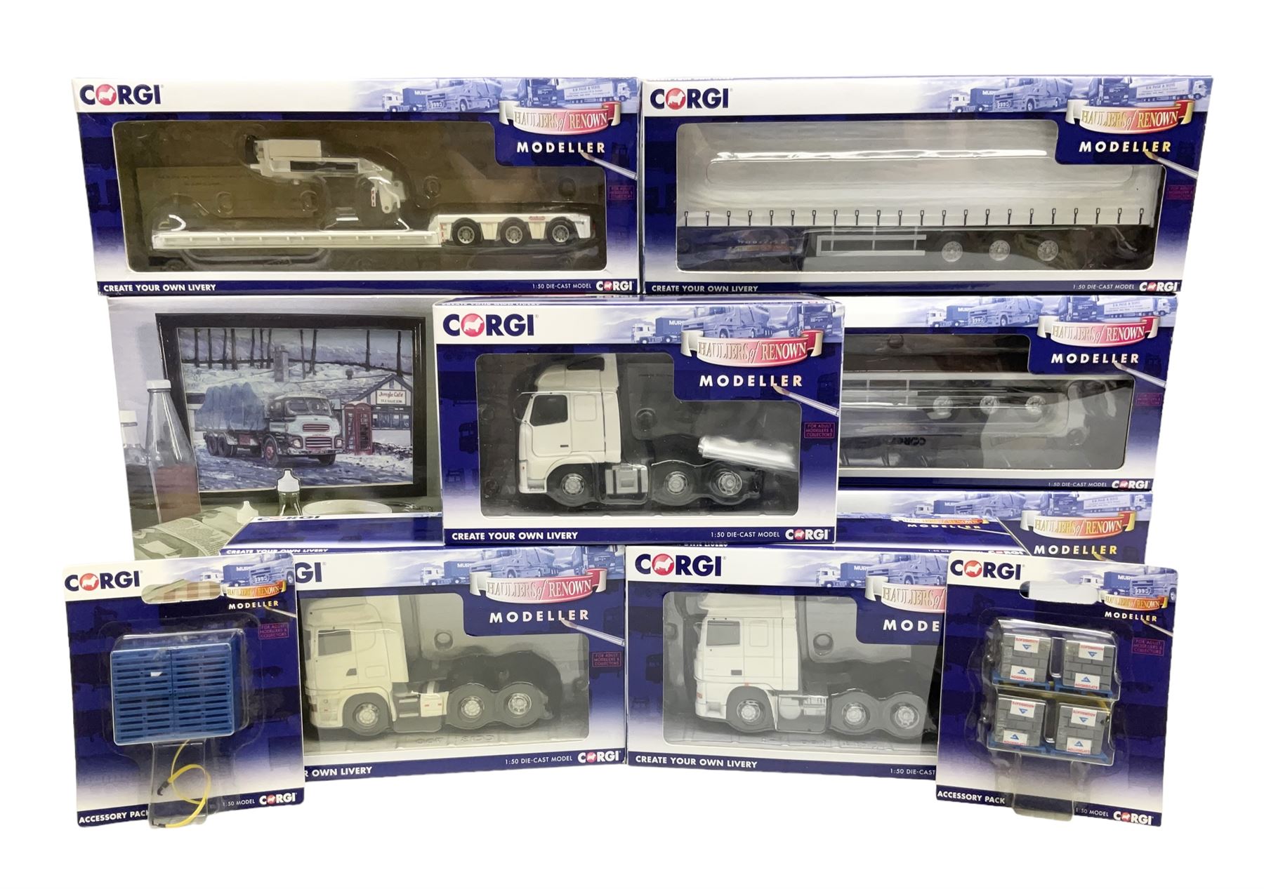 Corgi - limited edition Cafe Connection Albion Reiver Sheeted Platform lorry W.H. Malcolm Ltd Jungle Cafe No.CC11603; and seven Hauliers of Renown Modeller Series vehicles CC19910, 19911, 19912, 19913, 14100, 14000 & 13700 all boxed; together with two Modeller Accessory packs (10)