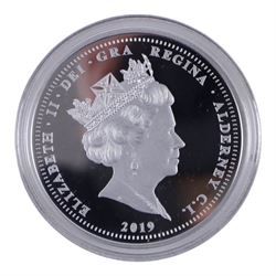 Queen Elizabeth II Alderney 2019 '50th Anniversary of Concorde' five ounce silver proof twenty five pound coin, and Queen Elizabeth II Alderney 2019 '50th Anniversary of Concorde' five pound coin collection, both cased with certificates