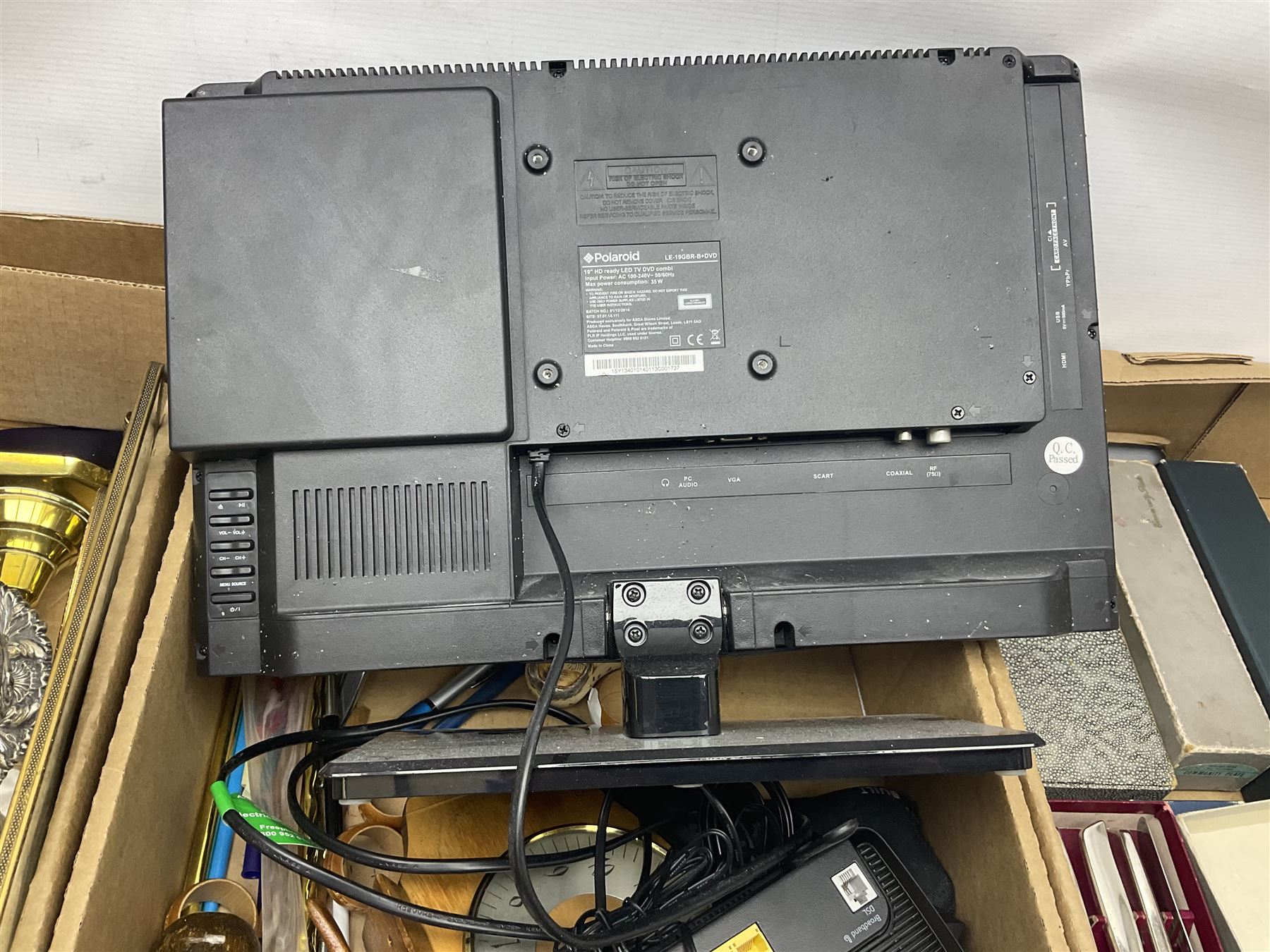 Quantity of silver plated and other metal ware to include Community cutlery and brass, together with Polaroid tv etc in three boxes