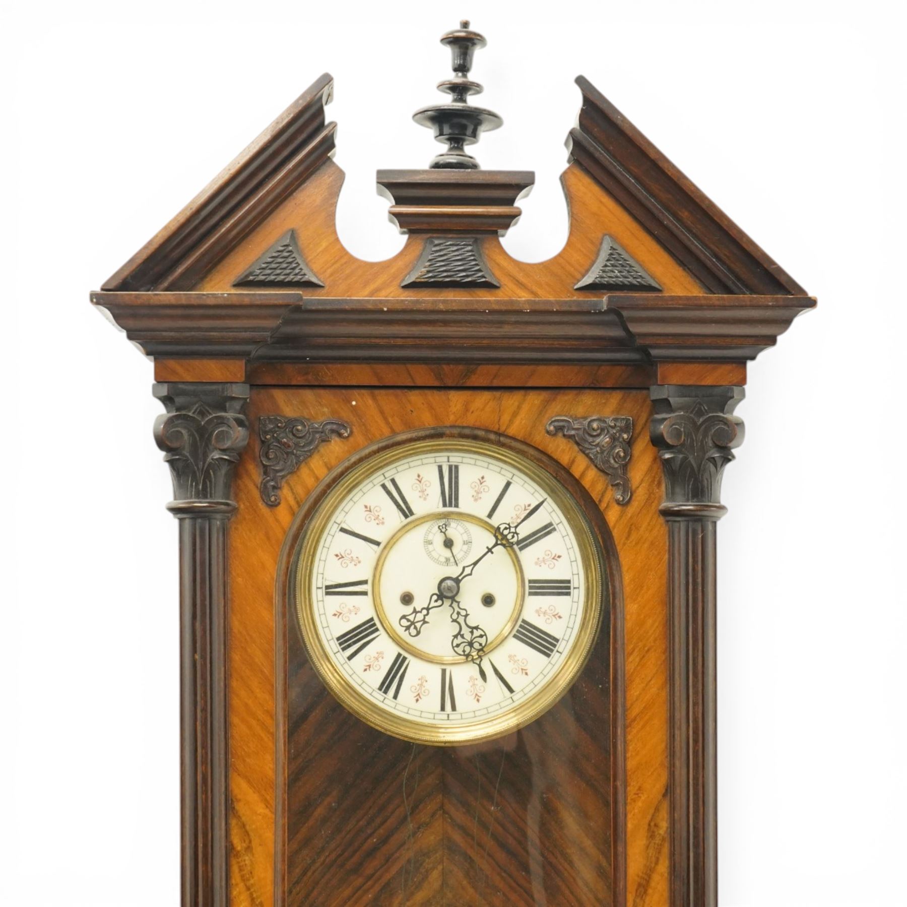 Late 19th century Vienna regulator wall clock with 19cm dial in walnut case with broken arch pediment and brass weights H128cm 