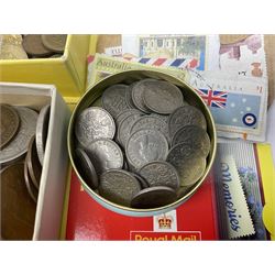 Great British and World coins, including pre-decimal coinage, pre-Euro coinage, United States of America etc, various stamps on pieces etc