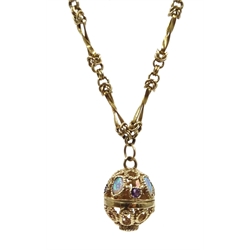Gold opal and amethyst open work ball pendant, hallmarked 9ct on gold link chain necklace, stamped 375