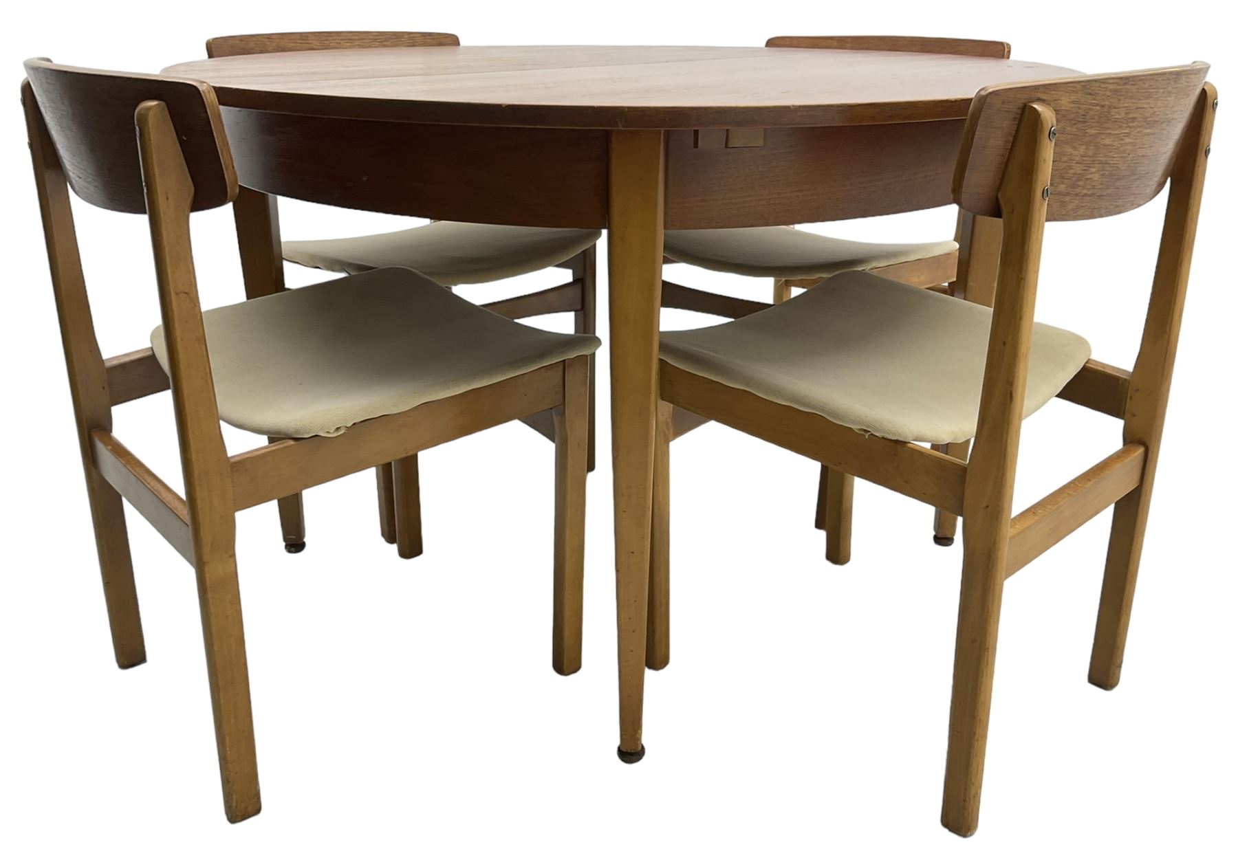 G-Plan - mid-20th century teak extending circular dining table, with concealed additional leaf (W114cm, H72cm); and a set of four mid-20th century teak dining chairs, seat upholstered in beige fabric