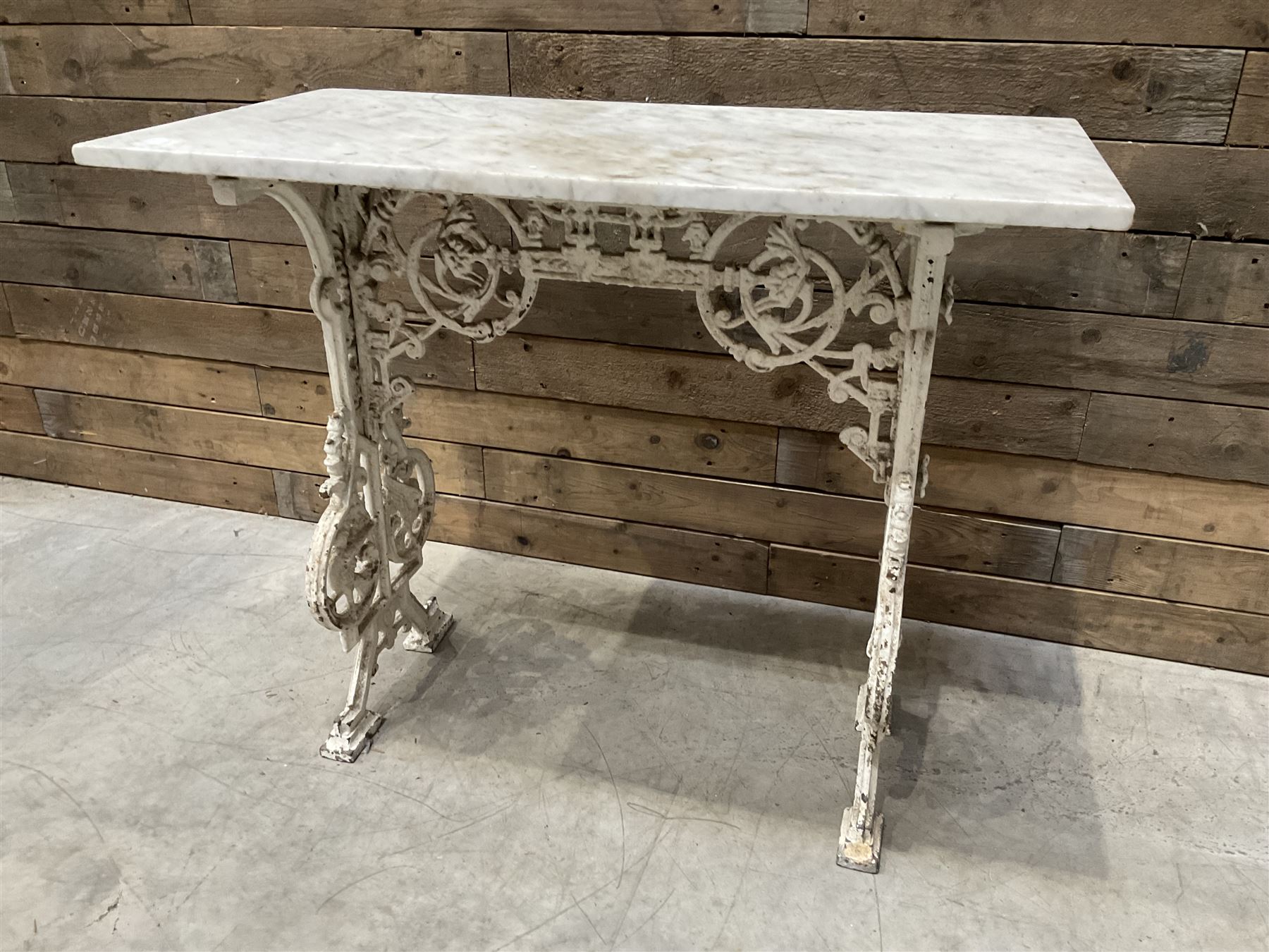 19th century Coalbrookdale design cast iron garden table, with rectangular marble top