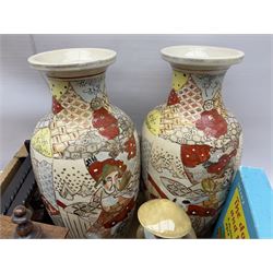Pair of Japanese vases decorated with samurai warriors, clock, miniature phrenology head, carnival glass and other glassware, mud men figure etc