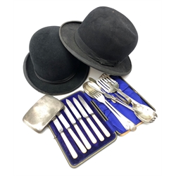  Hallmarked silver cigarette case dated 1918, silver-plated flatware and two bowler hats   
