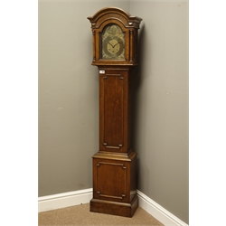  20th century oak grandmother clock, arched hood with glazed door, applied geometric beading to door and base, triple train driven Westminster chiming movement, H160cm  