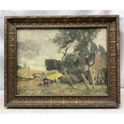 Adrian Chorley (British 1906-1983): 'Breton Landscape' Billy Goats Grazing, oil on board signed, artist's address label verso 29cm x 40cm