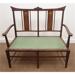  Art Nouveau period inlaid mahogany two seat salon settee, shaped cresting rail, upholstered seat, square tapering supports joined by stretchers, W108cm  