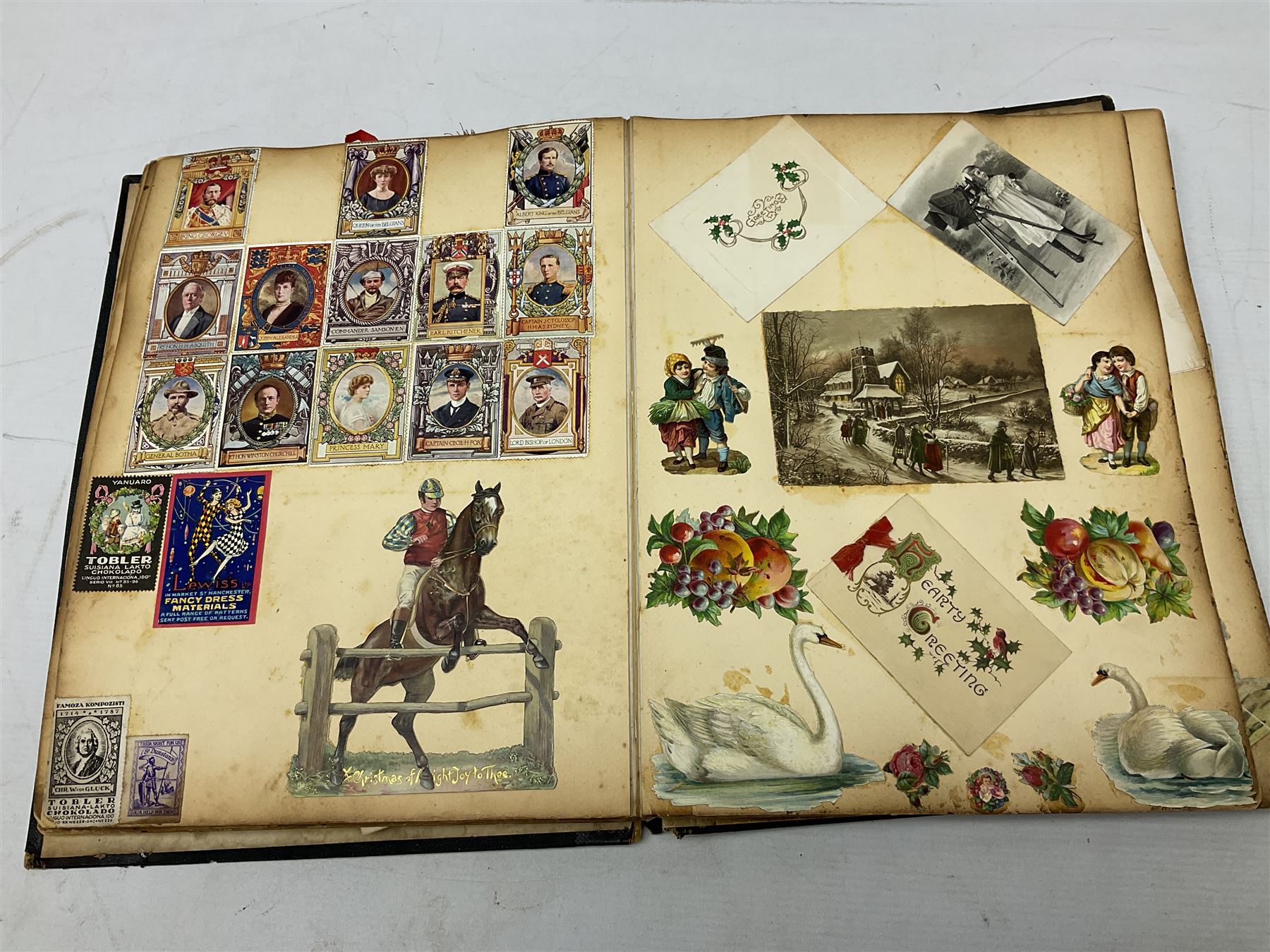 Victorian scrapbook of various fixed decoupage to include, greeting cards, portraiture, flowers, animals etc,