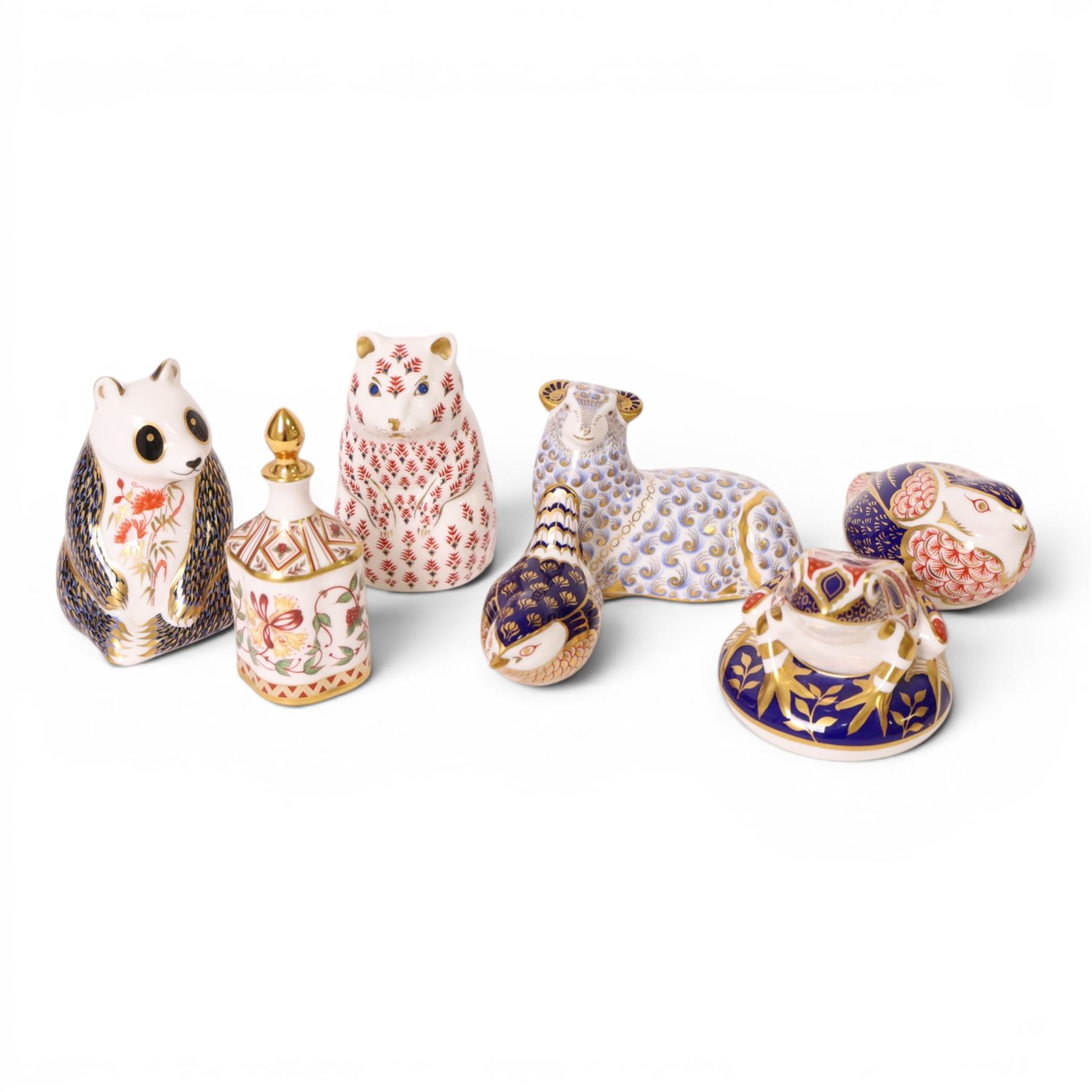 Six Royal Crown Derby paperweights, including Panda gold stopper, hamster silver stopper, Frog gold stopper etc, together with  Royal Crown Derby Honeysuckle scent bottle 