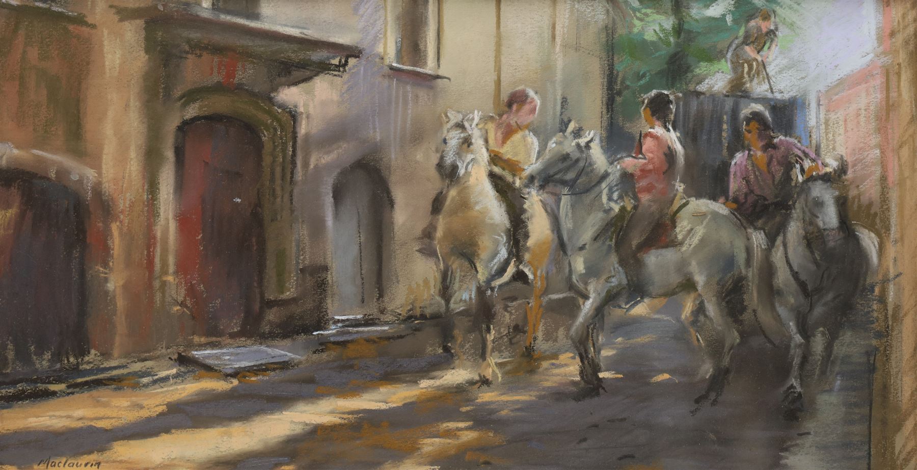 Pat Maclaurin (British 1933-2022): 'Camargue Ponies', pastel signed 25cm x 48cm