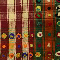 Southwest Persian Jajim kilim, flatwoven wool in a checked pattern of cream and red stripes, bordered with embroidered discs and colourful dot motifs
