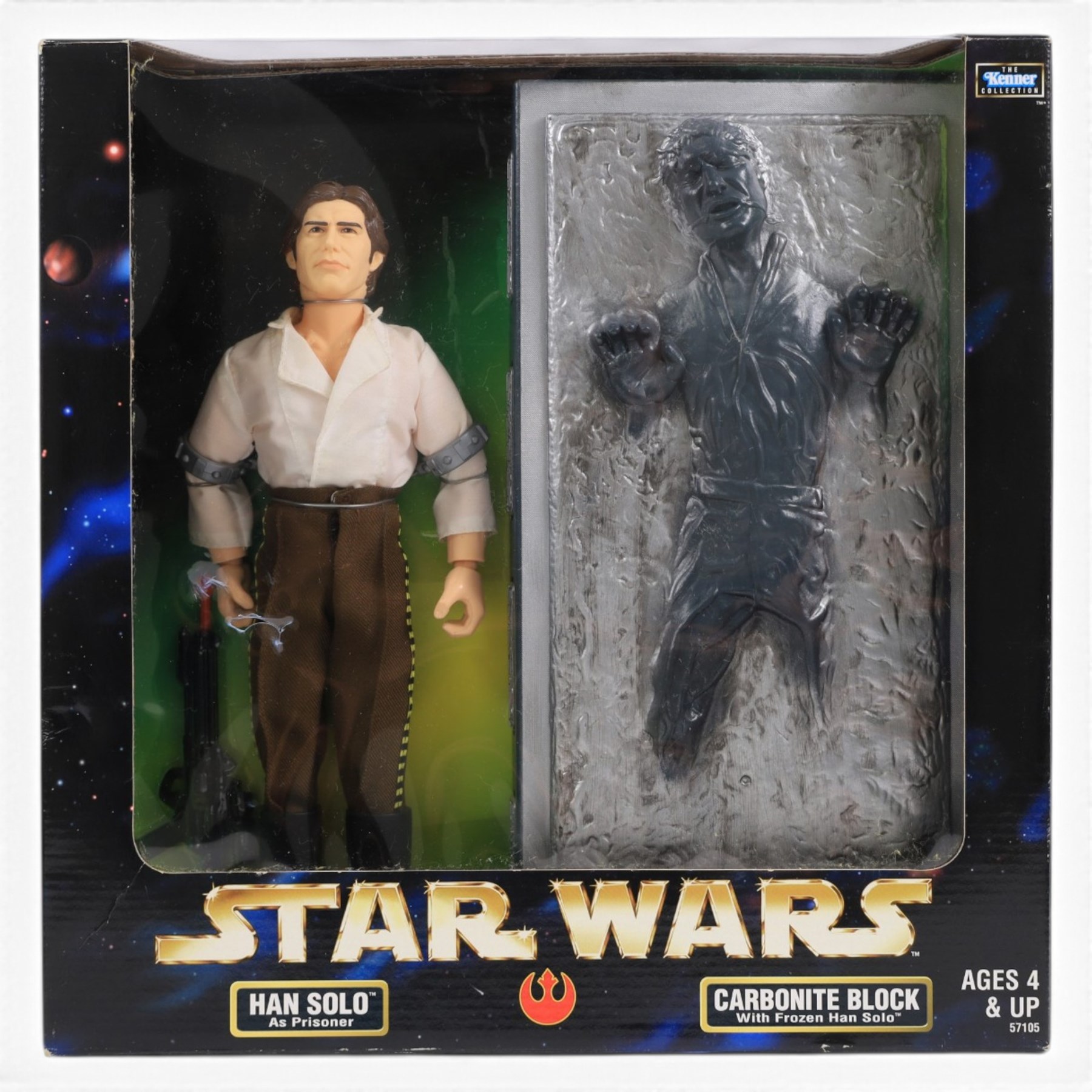 Five modern Kenner Star Wars action figures, comprising Han Solo and Carbonite Block with Frozen Han Solo, Wedge Anitlles & Biggs Darklighter, C-3PO, Jedi Luke Skywalker & Bib Fortuna and Luke Skywalker vs. Wampa, all boxed