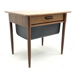 Mid 20th century Norwegian dark wood sewing table, rectangular top over drawer and sliding storage basket, on tapering supports
