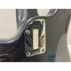 Music Man Bongo 4 string bass guitar, in sapphire black finish, serial no F42547, in black Music Man hard case, guitar L113cm