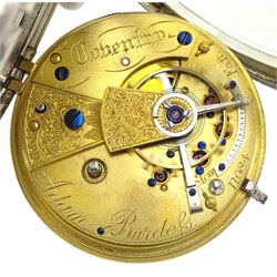 Victorian silver open face fusee lever pocket watch by Adam Burdess, Coventry, No. 11084, white enamel dial with Roman numerals and subsidereary seconds dial, case makers mark IH (possibly John Harris), London 1877, on later silver Albert chain with clip