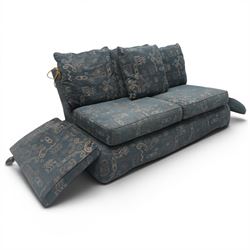 Edwardian design Knole-type drop-end two seat sofa, of traditional shape with hinged drop arms held by ropetwist tassels, upholstered in cobalt blue geometric patterned fabric, with loose seat and scatter cushions; together with matching ottoman footstool (W70cm D55cm H39cm)