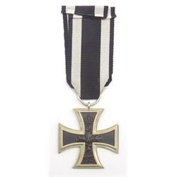  WW1 1915 bronze Lusitania propaganda medallion, unboxed, WW1 German Iron Cross 2nd Class, and three replica medals - WW2 Air Crew Europe Star, WW1 Distinguished Flying Cross and British Empire Medal Military Division (5)   